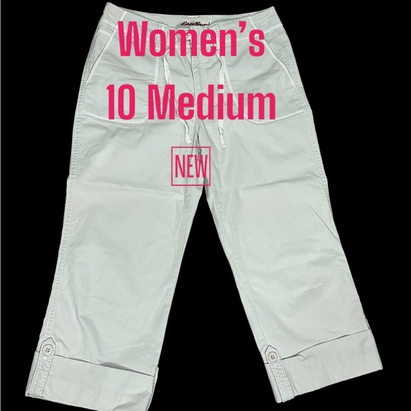 Women's Eddie Bauer 10 Medium Capri Pants Chino Khakis Twill Stretch Cream NWOT - Picture 2 of 11